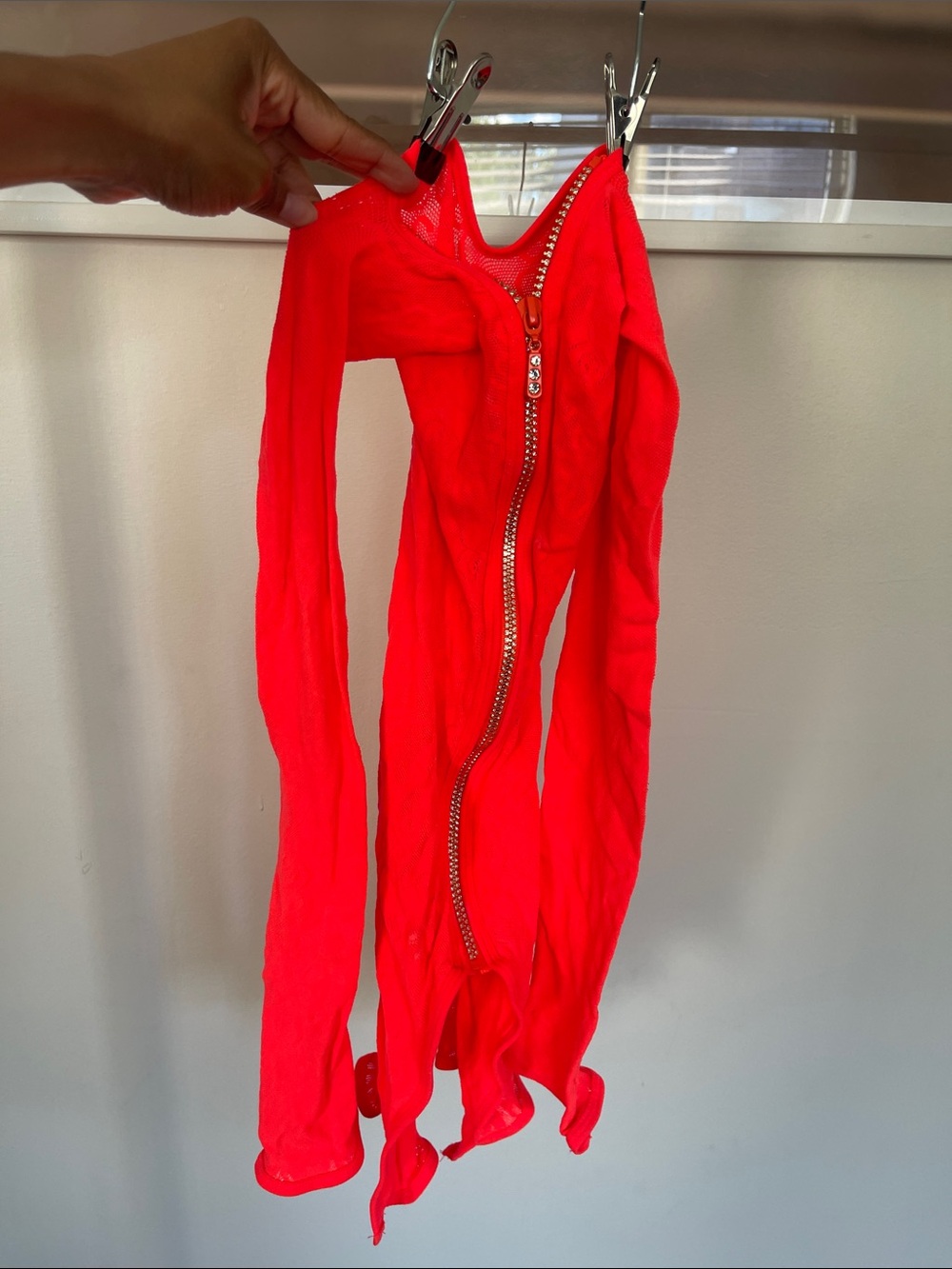 Neon Coral Zip-Front Long Sleeve Bodysuit